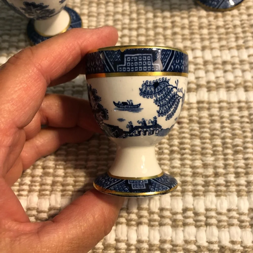 Vintage Booths England blue  and White Porcelain Egg Cups w Gold Trim - Set of 4